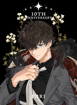 1boy adjusting_clothes adjusting_necktie anniversary black_background black_shirt brown_hair character_name closed_mouth coat coat_on_shoulders collared_shirt commentary english_text fate/grand_order fate_(series) flower fur-trimmed_coat fur_trim green_eyes grey_jacket hair_over_one_eye hand_up jacket long_sleeves looking_at_viewer low_ponytail male_focus medium_hair miyamoto_iori_(celebratory_attire)_(fate) miyamoto_iori_(fate) necktie open_clothes open_jacket ponytail shirt short_ponytail simple_background smile solo star_(symbol) starshadowmagician upper_body white_flower white_necktie
