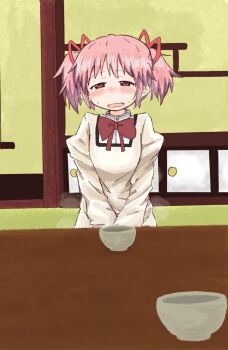 1girl blush bow bowl bowtie breasts embarrassed female_focus hair_ribbon half-closed_eyes have_to_pee highres indoors juliet_sleeves kaname_madoka large_variant_set long_sleeves mahou_shoujo_madoka_magica nose_blush open_mouth peeing peeing_self pink_hair ponnu_(tnpn2yw) puffy_sleeves red_bow red_bowtie red_eyes ribbon school_uniform shirt short_hair sitting small_breasts solo steam sweat table tears twintails v_arms variant_set wavy_mouth yellow_shirt