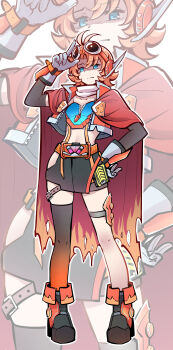 Rule 34 | 1girl, absurdres, adjusting goggles, antenna hair, armband, belt, black skirt, blue eyes, boots, cape, closed mouth, commentary request, cropped jacket, fei luo mao, full body, gloves, goggles, goggles on head, gradient thighhighs, headset, high heel boots, high heels, highres, jacket, kamen rider, kamen rider gotchard, kamen rider gotchard (series), midriff, open clothes, open jacket, orange armband, orange belt, orange boots, orange hair, orange jacket, red cape, rider-tan, short hair, short sleeves, single thighhigh, skirt, solo, standing, thighhighs, white gloves, zipper, zoom layer