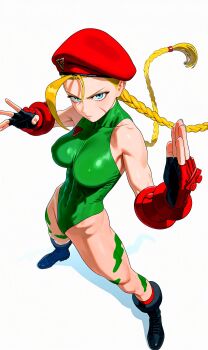 1girl absurdres beret black_boots blonde_hair blue_eyes boots braid breasts cammy_white curvy fighting_stance fingerless_gloves full_body gloves green_leotard hat highleg highleg_leotard highres hoshino_akari leotard lips long_hair parted_lips red_gloves red_hat revealing_clothes serious shiny_skin solo standing street_fighter twin_braids white_background wide_hips