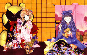 1990s_(style) 2girls ^_^ absurdres antenna_hair blue_hair blunt_bangs brown_hair cardcaptor_sakura child clamp closed_eyes daidouji_tomoyo highres holding holding_stuffed_toy japanese_clothes kimono kinomoto_sakura long_hair multiple_girls official_art retro_artstyle short_hair sitting smile stuffed_toy wavy_hair