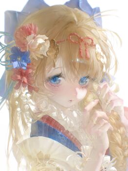 Rule 34 | 1girl, antenna hair, blue bow, blue eyes, blue flower, blunt bangs, bow, closed mouth, commission, eyelashes, fingernails, flower, frills, hair bow, hair flower, hair ornament, highres, lily of the valley, lips, looking at viewer, makeup, mihuashi commission, nail polish, original, pink nails, red flower, rouge (makeup), sidelocks, simple background, solo, tassel, upper body, watermark, white background, yellow flower, yikou yizhi