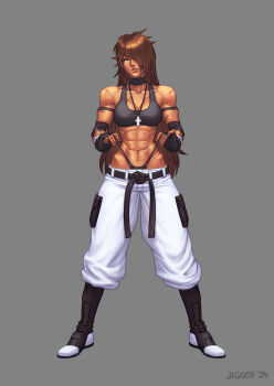 Rule 34 | 2024, abs, artist name, asymmetrical bangs, bare shoulders, bikini, black panties, black sports bra, boots, breasts, brown hair, brown lips, cargo pants, cleavage, collarbone, commentary, commentary request, cross, cross necklace, dark skin, face piercing, facing viewer, fingerless gloves, fingernails, flashing, gloves, grey background, highres, jewelry, jiggeh, lips, long hair, looking at viewer, martial arts belt, mma gloves, muscular, muscular female, navel, necklace, nose, nose piercing, nose ring, one eye covered, original, panties, pants, piercing, scar, scars all over, shana lastname (austonish1), sports bra, spread legs, standing, swimsuit, t-back, tall female, tan, tetsuzankou, thong, thong bikini, too many, underwear