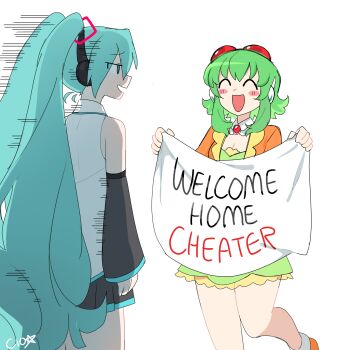 2girls ^_^ aqua_eyes aqua_hair artist_name bare_shoulders black_skirt black_sleeves blush_stickers breasts brooch cio_(ciosui) cleavage closed_eyes commentary cowboy_shot detached_collar detached_sleeves english_commentary english_text false_smile from_behind furrowed_brow goggles goggles_on_head green_hair green_skirt gumi gumi_(ai_megpoid) hair_ornament hatsune_miku hatsune_miku_(sp) headphones highres holding holding_sign jacket jewelry jitome leg_up long_hair meme miniskirt multiple_girls open_mouth orange_jacket pleated_skirt red_goggles shirt short_hair_with_long_locks sidelocks sign skirt sleeveless sleeveless_shirt smile standing twintails very_long_hair vocaloid welcome_home_cheater_(meme) white_background white_shirt