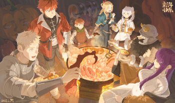 3girls 4boys absurdres armor artist_logo artist_name belt black_belt black_eyes black_gloves black_pants black_pantyhose black_shirt blonde_hair blue_capelet blue_eyes blue_robe blunt_bangs boots bowl bracer braid breasts brown_boots brown_eyes brown_gloves brown_hair buckle capelet chilchuck_tims chinese_commentary chopsticks closed_eyes closed_mouth coat coin collared_capelet commentary_request crossover dress dungeon_meshi dwarf eating elf facial_hair fake_horns fern_(sousou_no_frieren) fingerless_gloves food frieren gloves gold_coin green_eyes halfling hand_on_own_hip helmet highres holding holding_bowl holding_chopsticks holding_food holding_ladle horned_helmet horns ladle laios_touden large_breasts lazy_dog_916513884 leather_armor logo long_hair long_sleeves looking_at_another marcille_donato mimic mimic_chest multiple_boys multiple_girls muscular muscular_male mustache open_clothes open_coat open_mouth pants pantyhose parted_bangs plate_armor pointy_ears pouch pumpkin purple_hair red_coat red_eyes red_hair robe senshi_(dungeon_meshi) sharp_teeth shirt short_hair sitting skirt smile sousou_no_frieren sparkling_eyes standing stark_(sousou_no_frieren) steam striped_clothes striped_shirt teeth thumbs_up tongue tongue_out twin_braids twintails watermark white_capelet white_dress white_hair white_shirt white_skirt