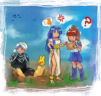 1boy 2girls ? anger_vein anklet arguing arle_nadja armor barefoot blue_boots blue_hair blue_headband blue_skirt blue_sky boots border breasts brown_eyes brown_hair carbuncle_(puyopuyo) cleavage commentary_request dress green_eyes headband holding holding_map jewelry madou_monogatari map multiple_girls puyopuyo rock rulue_(puyopuyo) schezo_wegey short_hair side_slit signature skirt sky speech_bubble spoken_anger_vein spoken_question_mark tongue tongue_out vest white_border white_dress white_hair white_vest yudeedamame_(zundamame)