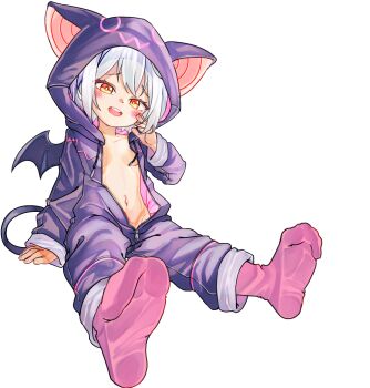 1girl animal_costume animal_hood breasts chaosexceed commentary demon_tail demon_wings feet foot_focus grey_hair highres hood hood_up loli looking_at_viewer navel open_mouth original paid_reward_available pink_socks short_hair simple_background sitting small_breasts socks soles solo tail teeth upper_teeth_only white_background wings yellow_eyes