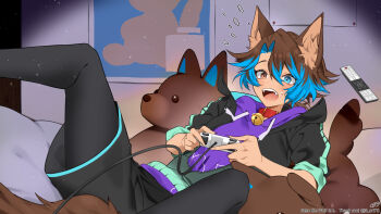 1boy animal_collar bell black_pantyhose black_shorts blue_eyes blue_hair brown_eyes brown_hair collar commentary_request commission controller flying_sweatdrops game_controller hair_between_eyes highres holding holding_controller holding_game_controller indie_virtual_youtuber k_(art71) multicolored_hair neck_bell neko_the_wolf open_mouth pantyhose red_collar remote_control shorts skeb_commission streaked_hair stuffed_animal stuffed_toy sweat tail teeth twitter_username upper_teeth_only virtual_youtuber wolf_boy wolf_tail