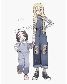 2girls ansha_(pokemon) belt black_hair black_socks blonde_hair blue_eyes blue_overalls blue_pants bow braid brown_belt closed_mouth commentary_request hair_between_eyes hair_bow hair_ornament hairclip highres holding_hands korrina_(pokemon) long_hair long_sleeves looking_at_viewer multiple_girls nintendo oromnt overalls pants pokemon pokemon_legends:_z-a shirt shoes smile socks star_(symbol) striped_clothes striped_shirt suspenders torn_clothes twin_braids white_bow white_socks x_hair_ornament