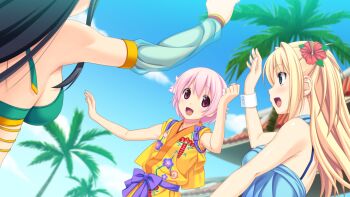10s 1girl black_hair blue_eyes blush flower fukami_nagisa game_cg hair_flower hair_ornament highres kagurazaka_namine koutaro open_mouth pink_eyes pink_hair short_hair takara_ichiko tropical_kiss tropical_vacation twinkle_(company)