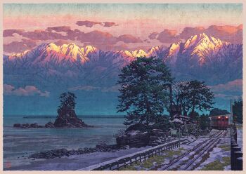 border cloud commentary_request fence guard_rail japan landscape mountain mountainous_horizon mugumo_24k no_humans ocean orange_clouds original outdoors pine_tree railroad_crossing railroad_tracks real_world_location rock scenery signature snow sunset toyama_prefecture traffic_light train tree water white_border winter