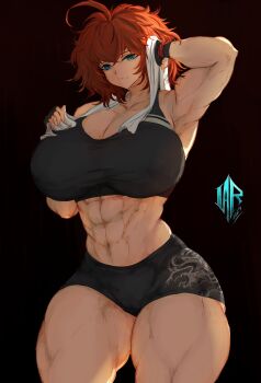 1girl abs absurdres ahoge armpits black_background black_gloves black_panties blue_eyes borrowed_character boyshort_panties breasts cleavage closed_mouth commentary commission cowboy_shot crossed_bangs english_commentary fingerless_gloves gloves hair_between_eyes highres holding holding_towel huge_breasts ikerellatab medium_hair muscular muscular_female original panties red_hair simple_background solo sports_panties standing stomach tatsugami_reiko_(conceited_raven) thick_thighs thighs towel towel_around_neck underwear years