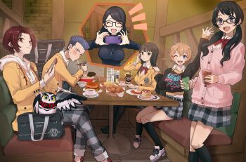 2boys 4girls animal arai_motoha arm_up bird black-framed_eyewear black_eyes black_pantyhose black_sweater blonde_hair blue_eyes blue_hair blush cellphone chopsticks closed_eyes closed_mouth commentary_request eating food glasses grey_pants grey_skirt highres holding holding_chopsticks holding_phone indoors jacket kamishiro_nagisa kanou_shun katayama_kumi kurosususu long_hair long_sleeves looking_at_viewer low_twintails lufel_(owl)_(p5x) lufel_(p5x) multiple_boys multiple_girls noge_tomoko one_eye_closed open_mouth owl pants pantyhose persona persona_5 persona_5:_the_phantom_x phone plaid_clothes plaid_pants plaid_skirt red_eyes red_hair school_uniform short_hair sitting skirt smile sweater table tanemura_riko teacher twintails yellow_jacket