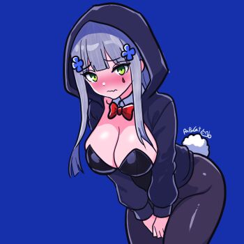 1girl alternate_costume black_hoodie black_leotard blue_hair blush breasts cleavage commentary cross embarrassed english_commentary facepaint frown girls&#039;_frontline green_eyes hair_ornament hairclip highres hk416_(girls&#039;_frontline) hood hood_up hoodie iron_cross klukai_(girls&#039;_frontline_2) large_breasts leaning_forward leotard looking_at_viewer pantyhose papacat rabbit_tail solo strapless strapless_leotard tail teardrop thighs wavy_mouth