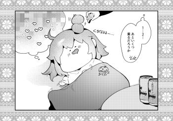 1boy 1girl asclepius_(fate) blanket blush can censored chibi closed_eyes dated drooling fate/grand_order fate_(series) food fruit fujimaru_ritsuka_(female) greyscale hair_between_eyes heart long_sleeves mandarin_orange monochrome mosaic_censoring mouth_drool open_mouth ruri_rarako shirt signature solo_focus spoken_heart stacking translation_request