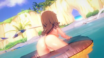 1girl 3d anus ass brown_hair cliff dutch_angle female_focus from_behind highres innertube kobayashi-san_chi_no_maidragon leaning_forward loli long_hair nude palm_tree pussy saikawa_riko sofo solo swim_ring tree umbrella uncensored water