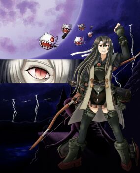 abyssal_crane_princess abyssal_ship arrow_(symbol) bad_tag bow_(weapon) castle castlevania:_rondo_of_blood castlevania_(series) chibiosaka clenched_hands clenched_teeth cliff cloud floating_hair gargoyle green_eyes green_hair headband highres hill kantai_collection lightning long_hair moon moonlight muneate night pale_skin parody pose_parody quiver red_eyes rigging shadow skirt sky slit_pupils statue teeth thighhighs water weapon white_hair zettai_ryouiki zuikaku_(kancolle) zuikaku_kai_ni_(decisive_battle)_(kancolle) zuikaku_kai_ni_(kancolle)