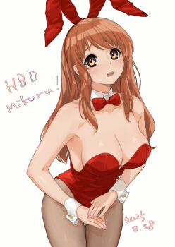 Rule 34 | 1girl, animal ear hairband, animal ears, asahina mikuru, bow, bowtie, brown eyes, brown hair, brown pantyhose, dated, detached collar, fake animal ears, hairband, happy birthday, leotard, long hair, pantyhose, playboy bunny, rabbit ears, red bow, red bowtie, red leotard, solo, strapless, strapless leotard, suzumiya haruhi no yuuutsu, tono51044448, twitter username, wrist cuffs