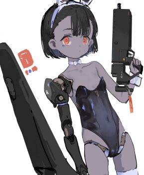 1girl akefumi android animal_ears bare_shoulders black_hair black_leotard bow bowtie breasts cameltoe closed_mouth commentary_request covered_navel fake_animal_ears gun highres holding holding_gun holding_weapon joints leotard loli looking_at_viewer mechanical_arms orange_eyes original playboy_bunny rabbit_ears robot_joints short_hair simple_background single_mechanical_arm small_breasts strapless strapless_leotard thighhighs weapon white_background white_bow white_bowtie white_thighhighs white_wrist_cuffs wrist_cuffs