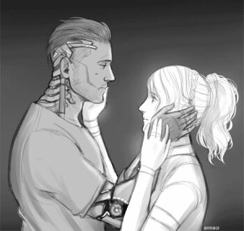 1boy 1girl alternate_universe animated animated_gif annaoi artificial_intelligence couple cyborg dystopia eye_contact final_fantasy final_fantasy_xv hand_on_another&#039;s_face hologram kingsglaive:_final_fantasy_xv looking_at_another lowres lunafreya_nox_fleuret mechanical_arms nyx_ulric ponytail prosthesis prosthetic_arm scar scar_on_face science_fiction signature simple_background single_mechanical_arm