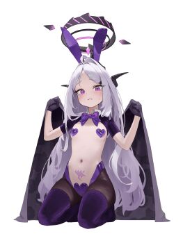 1girl alternate_costume black_coat black_halo black_pantyhose blue_archive boots bow breasts closed_mouth coat dat_(dat14382) fishnet_pantyhose fishnets frown halo heart_pasties highres hina_(blue_archive) long_hair looking_at_viewer navel open_clothes open_coat pantyhose parted_bangs pasties playboy_bunny purple_boots purple_bow purple_eyes purple_hair purple_thighhighs reverse_bunnysuit reverse_outfit simple_background small_breasts solo sweatdrop tattoo thigh_boots thighhighs very_long_hair white_background