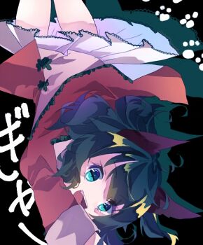 1girl :d animal_ears black_background blue_eyes brown_shirt commentary_request dog_ears dog_girl green_hair kasodani_kyouko long_sleeves looking_at_viewer open_mouth paw_print shinjitsu_no_kuchi shirt short_hair skirt smile solo touhou upside-down white_skirt