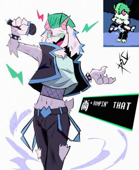 1boy 8-bit black_pants black_vest bracelet brat_(charli_xcx) commentary deltarune denim english_commentary english_text fishnet_top fishnets furry furry_male game_screenshot_inset glasses goat_horns goat_tail green_hair green_tank_top highres holding holding_microphone horns jewelry lightning_bolt_symbol looking_at_viewer male_focus microphone midriff mohawk multicolored_hair music navel one_eye_closed open_mouth pants ralsei ralsei_(lightners_live) signature singing smile speech_bubble spiked_bracelet spikes streaked_hair tail tank_top torn_clothes torn_pants utdr_(toby_fox) uwasart vest white_fur