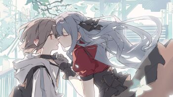 Rule 34 | 2girls, azhi nagi, backpack, bag, bang dream!, bang dream! it's mygo!!!!!, black choker, black gloves, black ribbon, black skirt, blue hair, choker, choker pull, closed eyes, commentary, gloves, grey hair, hair ribbon, hashtag-only commentary, highres, imminent kiss, jacket, multiple girls, oblivionis (bang dream!), open mouth, pink eyes, red shirt, ribbon, shirt, short hair, skirt, takamatsu tomori, tears, togawa sakiko, two side up, white jacket, yuri