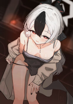 1girl absurdres andersonalac black_dress black_hair black_horns blue_archive blush breasts collarbone demon_horns dress feet_out_of_frame grey_jacket hair_between_eyes halo highres horns jacket kayoko_(blue_archive) kayoko_(dress)_(blue_archive) long_hair long_sleeves looking_at_viewer multicolored_hair official_alternate_costume open_clothes open_jacket open_mouth red_eyes small_breasts solo white_hair