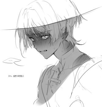 ... 1boy bishounen blunt_ends blush bodysuit choppy_bangs clenched_teeth commentary_request dokseong ear_blush embarrassed eyelashes genshin_impact greyscale hair_intakes japanese_clothes kimono korean_commentary korean_text looking_at_viewer male_focus mandarin_collar monochrome neck_blush portrait scaramouche_(genshin_impact) shoulder_blush sketch solo speech_bubble spoken_ellipsis teeth translation_request tsurime wanderer_(genshin_impact) white_background wide-eyed