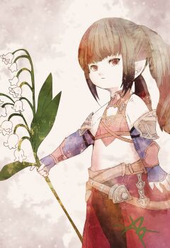 1girl belt black_hair brown_belt closed_mouth commentary_request cosplay final_fantasy final_fantasy_xiv flat_chest flower holding holding_flower lalafell lily_of_the_valley long_hair minfilia_warde minfilia_warde_(cosplay) overskirt pointy_ears red_eyes ruka_(blueplus84) solo twintails white_flower yoshi&#039;p_sampo