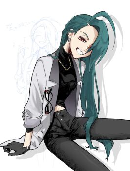 1girl black_gloves black_pants black_shirt clothing_cutout commentary_request earrings eyewear_in_pocket gloves green_hair grey_jacket highres jacket jewelry long_hair midriff mrtk0314 navel necklace nintendo official_alternate_costume official_alternate_hairstyle pants pokemon pokemon_masters_ex red_eyes rika_(palentine's_2026)_(pokemon) rika_(pokemon) shirt sitting smile stomach_cutout turtleneck turtleneck_shirt unworn_eyewear very_long_hair
