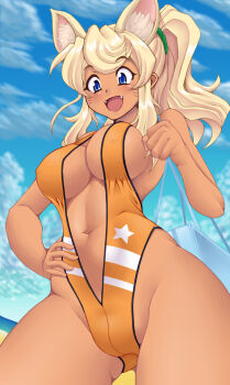1girl animal_ears bad_perspective bag beach blonde_hair blue_eyes blue_sky blush breasts cameltoe cleavage cloud cloudy_sky covered_erect_nipples cowboy_shot curvy dark-skinned_female dark_skin day extra_ears facial_mark fangs female_focus from_below gluteal_fold hand_on_own_hip highleg highres huge_breasts kihaiu liru long_hair looking_at_viewer looking_down navel open_mouth outdoors plump ponytail renkin_san-kyuu_magical_pokaan sky smile solo swimsuit tan thighs whisker_markings wide_hips wolf_ears