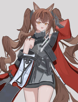 Rule 34 | 1girl, :d, absurdres, angelina (arknights), animal ear fluff, animal ears, arknights, arknights: endfield, bare shoulders, belt, black gloves, bracelet, brown hair, chinese commentary, coat, commentary request, cowboy shot, diamond-shaped pupils, diamond (shape), dress, elbow gloves, fox ears, fox girl, fox tail, gilberta (arknights), gloves, grey background, grey dress, hair intakes, hand in own hair, hand up, headpiece, high belt, high collar, highres, infection monitor (arknights), jewelry, linlinyouzeze, long hair, long sidelocks, looking at viewer, off shoulder, open clothes, open coat, open mouth, orange eyes, partial commentary, red coat, short dress, sidelocks, simple background, sleeveless, sleeveless dress, smile, solo, symbol-shaped pupils, tail, teeth, twintails, upper teeth only, very long hair