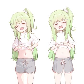 1girl absurdres closed_eyes clothes_lift commentary_request cowboy_shot dot_nose electromocha facing_viewer fang green_hair grey_shorts hair_ornament hairclip highres korean_commentary lifting_own_clothes long_hair multiple_views navel one_side_up open_mouth pom_pom_(clothes) pom_pom_hair_ornament raised_inner_eyebrows shirt shirt_lift short_shorts shorts simple_background standing stellive stomach t-shirt three-quarter_sleeves virtual_youtuber white_background white_shirt yuzuha_riko