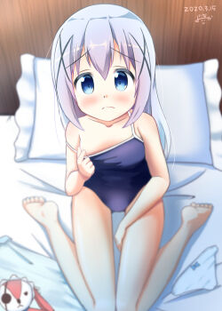 1girl bare_arms bare_legs bare_shoulders barefoot bed between_legs blue_eyes blue_hair blue_one-piece_swimsuit blush closed_mouth clothes_pull dated frown gochuumon_wa_usagi_desu_ka? hand_between_legs highres inakami kafuu_chino long_hair on_bed one-piece_swimsuit one-piece_swimsuit_pull panties pillow pulling school_swimsuit sitting solo stuffed_animal stuffed_rabbit stuffed_toy swimsuit underwear wariza