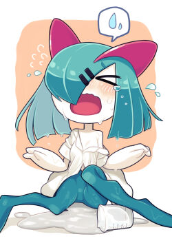 alternate_color blue_hair closed_eyes clothed_pokemon colored_skin flask flying_teardrops gen_3_pokemon glass_container hair_ornament hairpin highres horns ino_(tellu0120) kirlia liquid multicolored_skin nintendo open_mouth pokemon pokemon_(creature) shiny_pokemon shirt shouting sidelocks simple_background spill teardrop two-tone_skin wet white_shirt white_skin