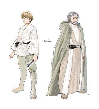 1boy age_progression aged_down aged_up animification beard belt blonde_hair blue_eyes boots cape dual_persona energy_sword facial_hair grey_hair hood jedi lightsaber looking_at_viewer luke_skywalker male_focus matsuri6373 old science_fiction simple_background spoilers star_wars star_wars:_a_new_hope star_wars:_the_force_awakens star_wars:_the_last_jedi sword tunic weapon white_background