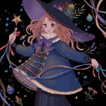 1girl blue_eyes blush brown_hair collar earrings flower frilled_collar frilled_jacket frills hat hat_flower high_collar highres holding holding_ribbon jacket jewelry long_hair long_sleeves looking_at_viewer open_mouth original ornament pleated_skirt ribbon skirt sleeve_cuffs smile solo star_(symbol) witch witch_hat yunoto_(conceit)