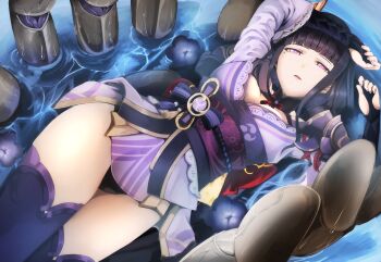 1girl absurdres armor blunt_bangs blunt_ends breasts bridal_gauntlets cleavage commentary genshin_impact hair_ornament highres japanese_clothes kimono large_breasts lingerie long_hair looking_at_viewer looking_up lying maxwell_manzoku mechanical_hands mitsudomoe_(shape) mole mole_under_eye off_shoulder on_back open_mouth purple_eyes purple_hair purple_kimono purple_thighhighs raiden_shogun red_sash ripples sash shoulder_armor solo thighhighs thighs tomoe_(symbol) underwear upper_body water