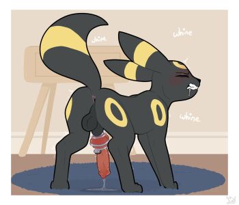 1boy animal_focus animal_penis anus blush chastity_cage clenched_teeth closed_eyes commentary english_commentary flowerbud_art gen_2_pokemon highres knotted_penis male_focus nintendo penis pokemon precum solo teeth trembling umbreon