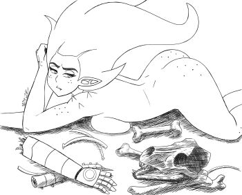 1girl alien animal_bones ass ass_freckles body_freckles bored borrowed_character breasts commentary completely_nude dated deadmann_artworks dimples_of_venus english_commentary freckles glowing glowing_hair highres juniper_(chemical_bro) large_breasts long_hair lying mechanical_arms monochrome monster_girl nude nudist on_stomach original pointy_ears science_fiction shoulder_spikes signature single_mechanical_arm solo spikes