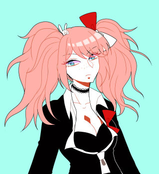 Rule 34 | 1girl, aqua background, black bra, black choker, black shirt, blonde hair, blue eyes, bow, bra, breasts, chocoare, choker, cleavage, closed mouth, collarbone, commentary request, cosplay, danganronpa: trigger happy havoc, danganronpa (series), enoshima junko, enoshima junko (cosplay), eyelashes, freckles, hair bow, hair ornament, ikusaba mukuro, long hair, long sleeves, necktie, rabbit hair ornament, red bow, shirt, simple background, solo, twintails, two-tone bow, underwear, upper body