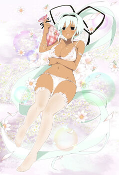 1girl :d arm_under_breasts armlet armpit_crease bag black_bow black_eyes black_ribbon blush bow bow_bra bow_panties bra bracelet breasts cleavage collarbone dark-skinned_female dark_skin field flower flower-trimmed_bra flower-trimmed_panties flower-trimmed_thighhighs flower_bra flower_field flower_panties full_body groin hair_bow hair_intakes hair_ribbon heavy_lens_flare high_ponytail holding holding_bag jewelry lace large_breasts leaf lens_flare linea_alba long_hair looking_at_viewer lying navel non-web_source official_art on_back open_mouth panties plaid_bag plant ponytail red_bag ribbon senran_kagura senran_kagura_new_wave shiny_skin silver_armlet silver_bracelet smile solo sparkle thighhighs tongue two-tone_bag underwear underwear_only very_long_hair white_bag white_bra white_flower white_hair white_panties white_thighhighs yuyaki_(senran_kagura)