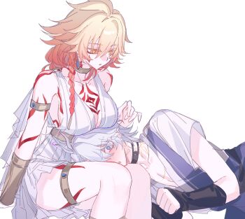 1boy 1girl antenna_hair arm_tattoo black_choker blonde_hair blue_eyes blush braid breast_tattoo breasts chest_tattoo choker dress facial_tattoo genderswap genderswap_(mtf) gradient_hair hetero honkai:_star_rail honkai_(series) lap_pillow long_hair lying medium_breasts multicolored_hair multiple_boys mydei_(honkai:_star_rail) neck_tattoo phainon_(honkai:_star_rail) red_hair red_tattoo shirt short_hair short_sleeves side_braid simple_background sleeveless sleeveless_dress sun_symbol sun_tattoo tan tattoo tydjd071 white_background white_dress white_hair white_shirt yellow_eyes