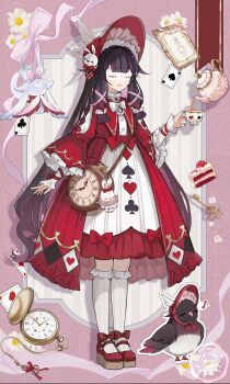 1girl alternate_costume bad_id bad_twitter_id bag bird black_hair bonnet bow clock closed_eyes columbina_(genshin_impact) cup dress facing_to_the_side frilled_sleeves frills full_body genshin_impact highres holding holding_cup issign kneehighs layered_sleeves long_hair long_sleeves parted_lips purple_hair red_bonnet red_bow red_dress red_shoes shoes shoulder_bag smile socks solo teacup teapot very_long_hair white_socks