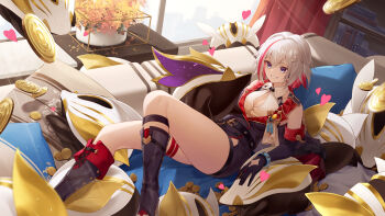 1girl absurdres bare_shoulders belt black_belt black_boots black_gloves blue_eyes boots coin couch elbow_gloves gloves grey_hair grin heart highres honkai:_star_rail honkai_(series) jiusan_naitang lying numby_(honkai:_star_rail) on_back short_hair smile solo thighs topaz_(honkai:_star_rail) trotter_(honkai:_star_rail) warp_trotter_(honkai:_star_rail)