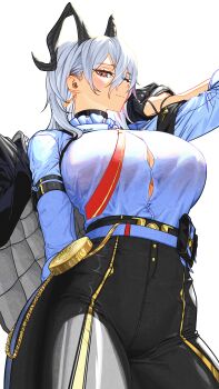 1girl absurdres armband atzza_a black_armband black_horns breasts button_gap cleavage curled_horns earrings high-waist_pants highres horns jewelry key_earrings large_breasts necktie pants red_necktie shirt_tucked_in simple_background solo tight_clothes tight_pants white_background wuthering_waves zani_(wuthering_waves)