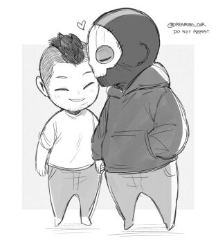 2boys blush call_of_duty call_of_duty:_modern_warfare_2 closed_eyes couple dreaming_oor facial_hair ghost_(modern_warfare_2) greyscale heart highres holding_hands hood hood_down hoodie male_focus mask monochrome multiple_boys pants shirt short_hair skull_mask soap_(modern_warfare_2) twitter_username yaoi