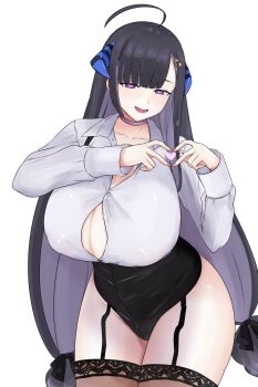 1girl four-finger_heart_hands ahoge black_bow black_hair blue_horns bow breasts brown_thighhighs button_gap choker cleavage collared_shirt colored_inner_hair covered_erect_nipples curvy demon_horns dress_shirt garter_straps hair_bow heart heart_hands high-waist_shorts highres horns huge_breasts indie_virtual_youtuber long_hair long_sleeves looking_at_viewer low-tied_long_hair micro_shorts multicolored_hair naozuri open_mouth pink_nails purple_choker purple_eyes purple_hair rikudou_yura shirt shorts simple_background smile solo striped_horns thighhighs very_long_hair virtual_youtuber white_background white_shirt wing_collar